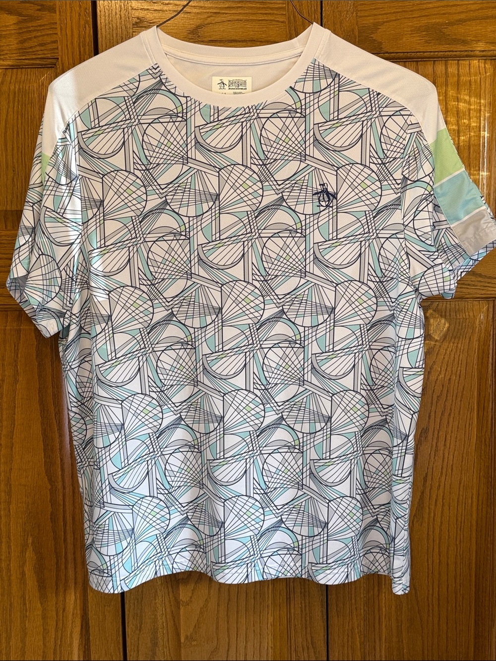Men's Geometric Print Short-Sleeve Shirt — White with Teal, Green, & Navy-Large